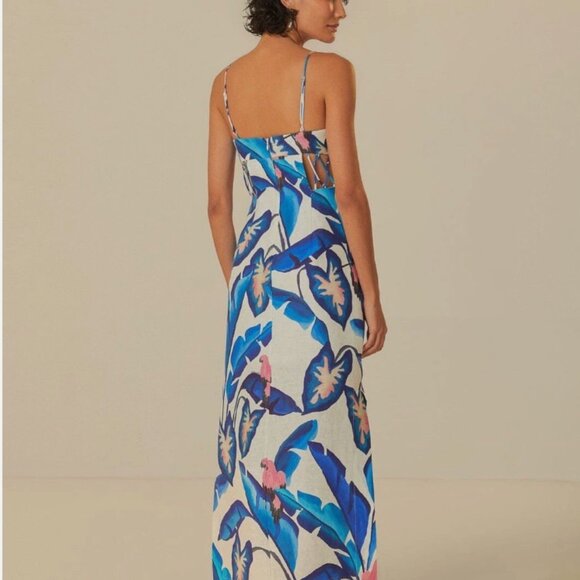 Farm Rio Blue Foliage Linen Laced Front Maxi Dress - Picture 4 of 5
